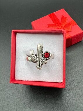 Silver Cactus Ring with Red Zirconia- Women Ring, Size: 9